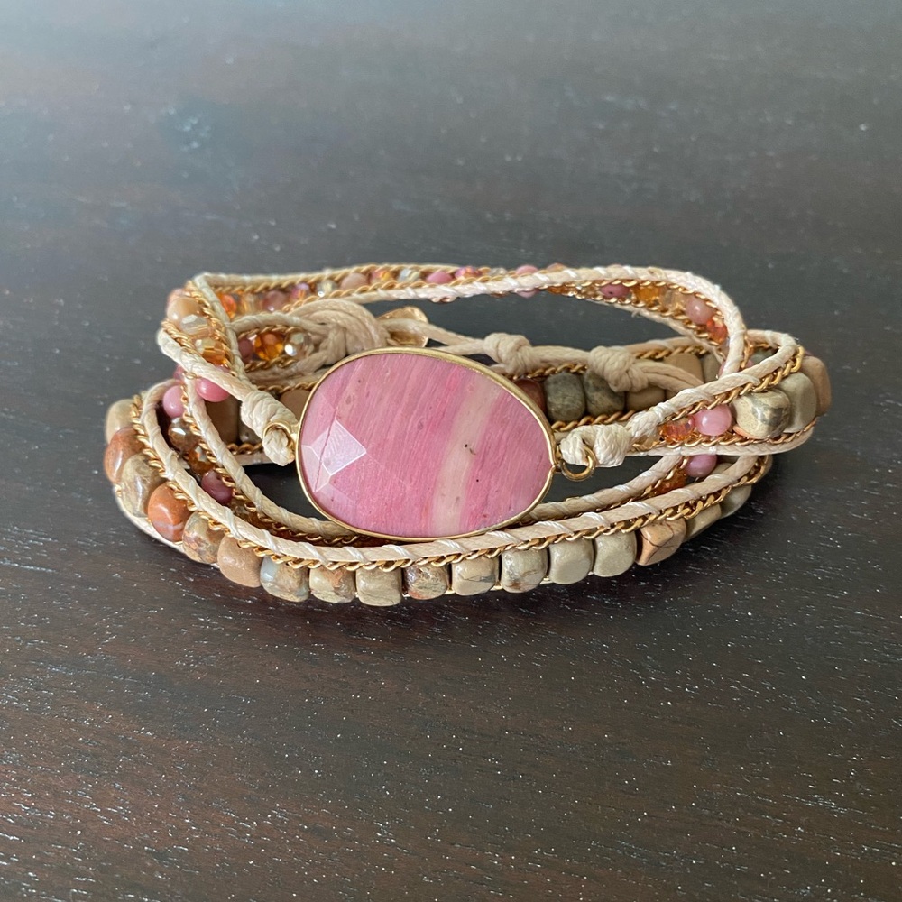 Earth tone Pink and Gold Wrap Stone and Beaded Wrap Bracelet